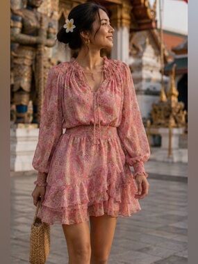Misa Los Angeles Pink Paisley Ruffled Mini Dress